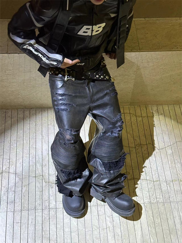 Pantalones de Cuero con Efecto Vintage Desgastado