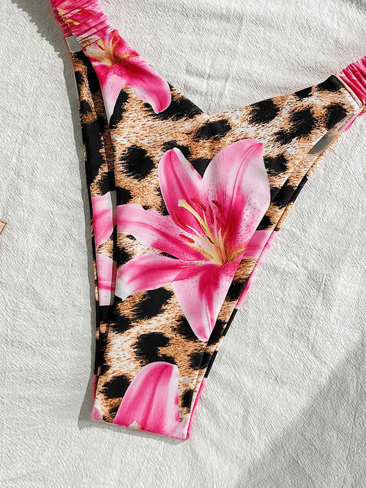 Women's tube top bikini swimsuit with a pink floral and leopard print, featuring a twisted front top and high-cut ruched bottom. - Image 2