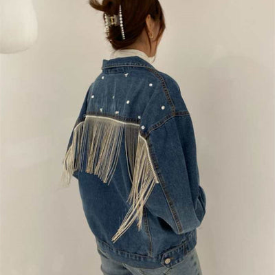 Chaqueta de Mezclilla para Mujer con Borlas de Diamantes