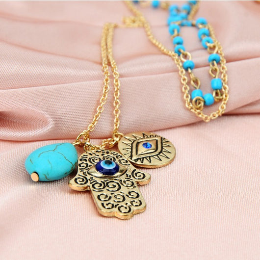 Collar Bohemio Doble Capa con Perlas de Arroz, Turquesa y Palma de Fátima - Image 17