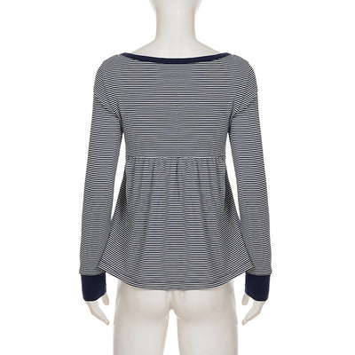 Blusa Rayada de Cintura Alta con Detalle de Encaje y Manga Larga Versátil - Image 12