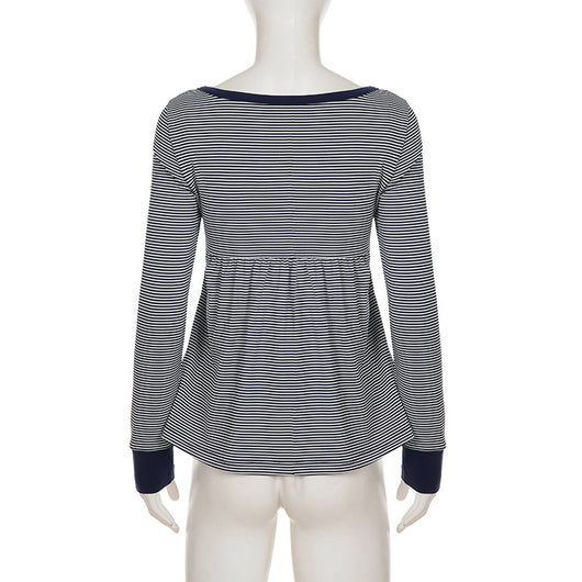 Blusa Rayada de Cintura Alta con Detalle de Encaje y Manga Larga Versátil - Image 12