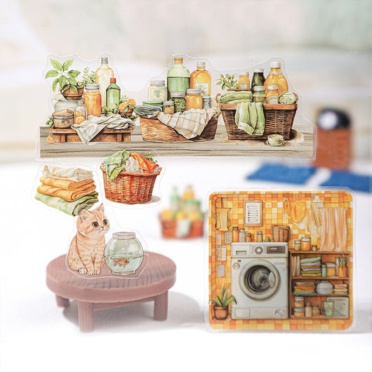 Soft Home Time Series decorative stickers featuring retro-style illustrations of furniture, books, and flowers. - Image 3