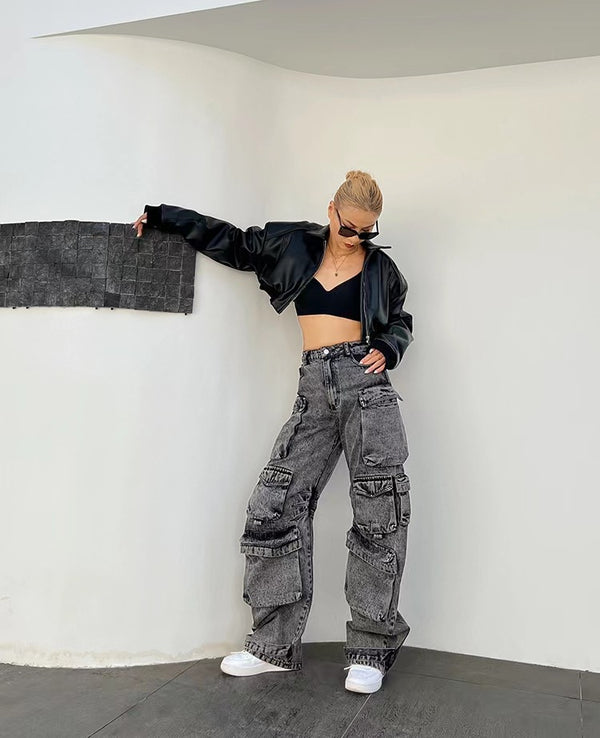 Pantalones Vaqueros Anchos con Múltiples Bolsillos - Estilo Casual Moderno