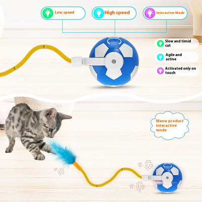 Interactive cat toy with a blue and white soccer ball, a flexible yellow rod with bells, and a blue feather. - Image 2