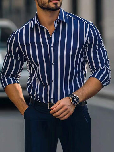 Camisa Casual de Manga Larga con Estampado a Rayas y Elasticidad Cuádruple para Hombre - Image 6