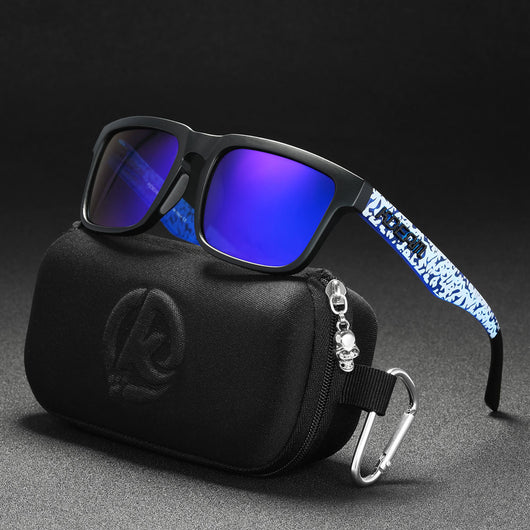 Men's and women's dazzling blue and black striped polarized sunglasses with gray lenses and a black case. - Image 16