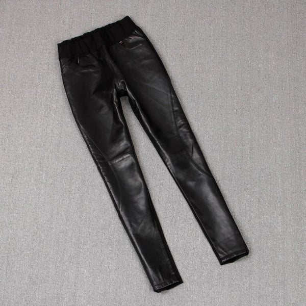 Pantalones de Cuero Stretch con Costuras Decorativas para Mujer