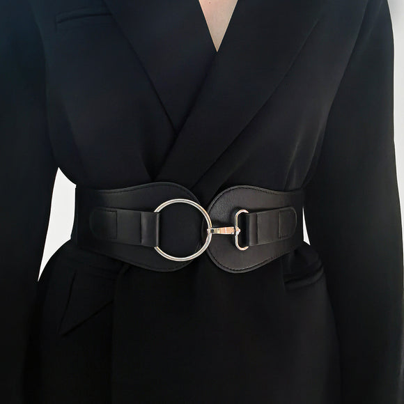 Cinturón Elástico PU Otoño Invierno para Mujer - Café y Negro Elegante