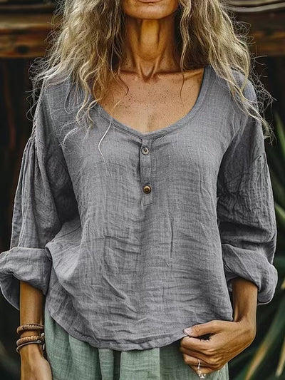 Blusa Lino Suelta Casual Manga Larga Color Sólido para Mujer - Image 7
