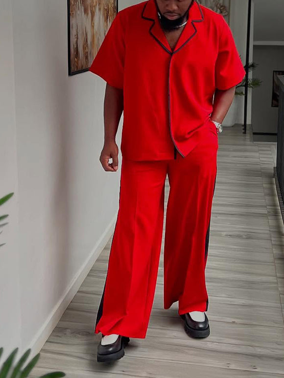 Conjunto Elegante: Blusa Vermelha Manga Curta e Calça Pantalona com Detalhes em Preto