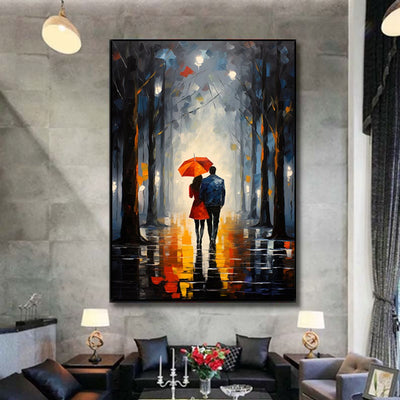 Cuadro Óleo Pintado a Mano: Pareja Bajo Paraguas en Noche Citadina - Image 5