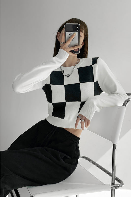 Suéter Retro a Cuadros Blanco y Negro Cuello Redondo para Mujer