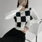 Suéter Retro a Cuadros Blanco y Negro Cuello Redondo para Mujer