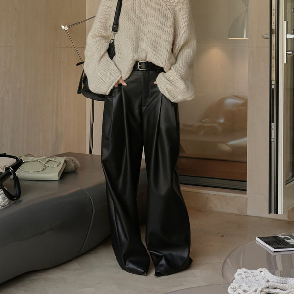 Pantalones PU Cintura Alta Ajustados con Piernas Anchas