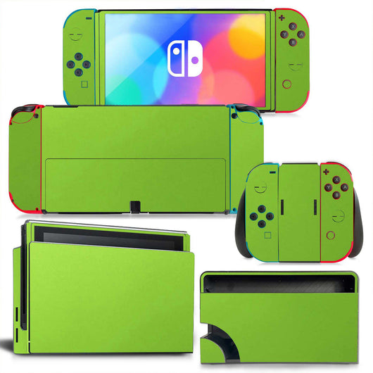 Yellow textured vinyl skin set for Nintendo Switch OLED console, Joy-Cons, and dock, shown disassembled. - Image 27