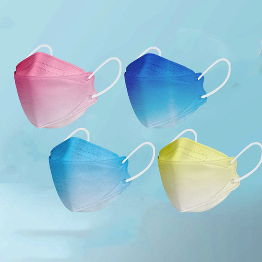 Pink gradient KF94 mask with white ear loops, displayed next to its packaging on a blue background.