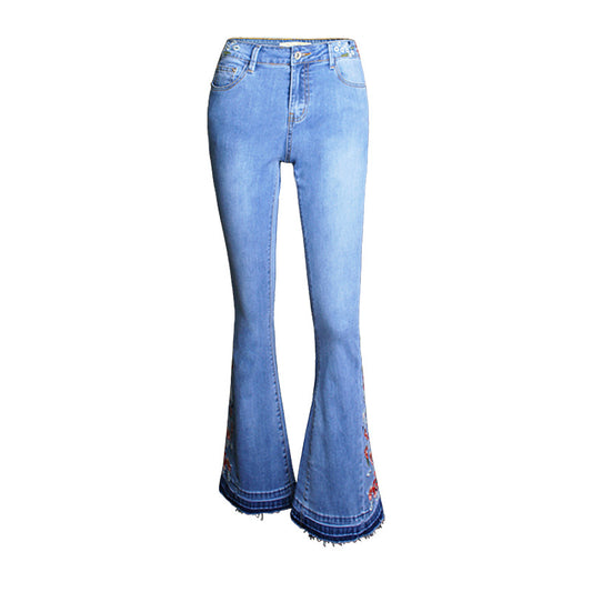 Pantalones Acampanados Denim con Bordado para Mujer