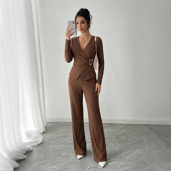 Conjunto de Pantalón y Blusa Cruzada de Manga Larga en Color Sólido para Mujer