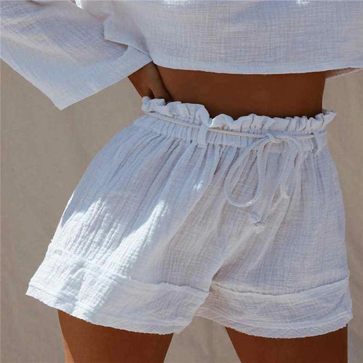 Shorts Boho de Cintura Alta Plisados con Cinturón Elástico en Algodón y Lino - Image 2