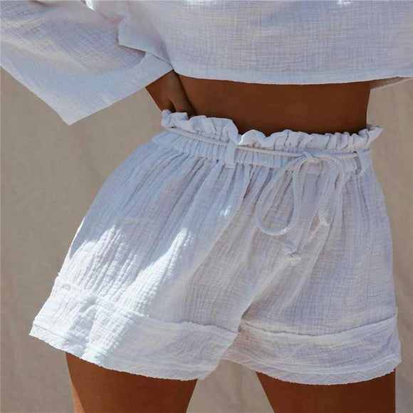 Shorts Boho de Cintura Alta Plisados con Cinturón Elástico en Algodón y Lino