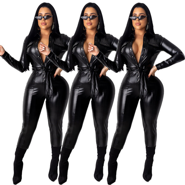 Jumpsuit Ajustado de PU con Cinturón Elegante