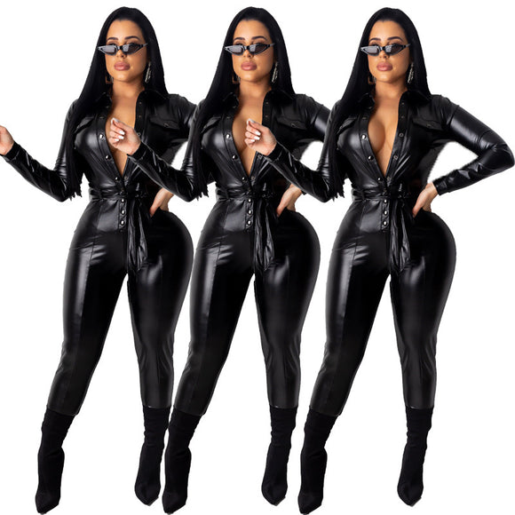 Jumpsuit Ajustado de PU con Cinturón Elegante