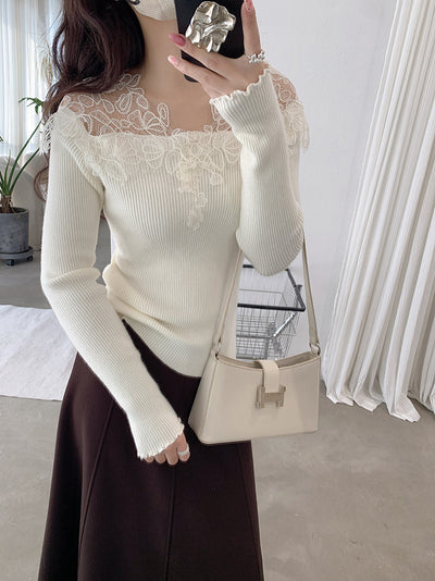 Suéter Tejido con Encaje Calado y Cuello en V para Mujer - Colección Otoño Invierno - Image 10