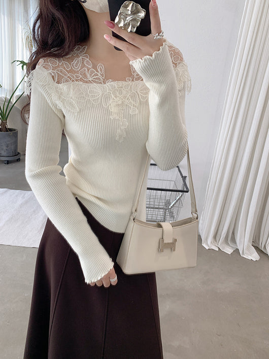 Suéter Tejido con Encaje Calado y Cuello en V para Mujer - Colección Otoño Invierno - Image 10