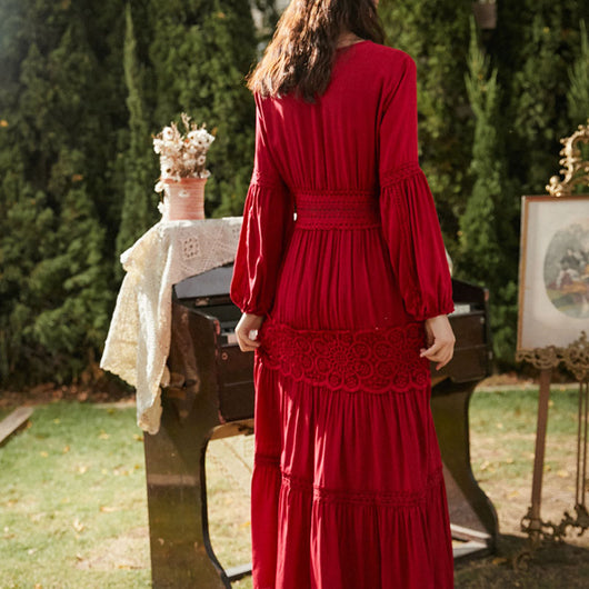 Vestido Largo de Encaje con Escote V y Cintura Alta - Image 9