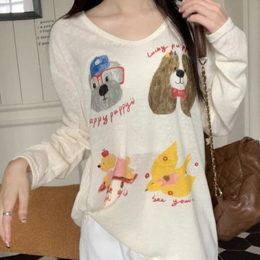 Camiseta Holgada Estampado Perrito Adorable Manga Larga - Image 3