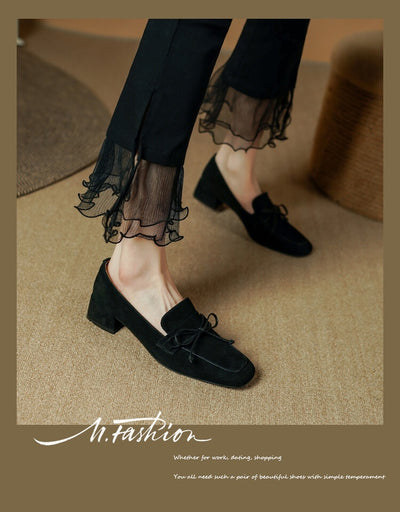 Zapatos de Tacón Grueso con Punta Cuadrada y Moño - Comodidad Premium en Cuero Dividido - Image 17
