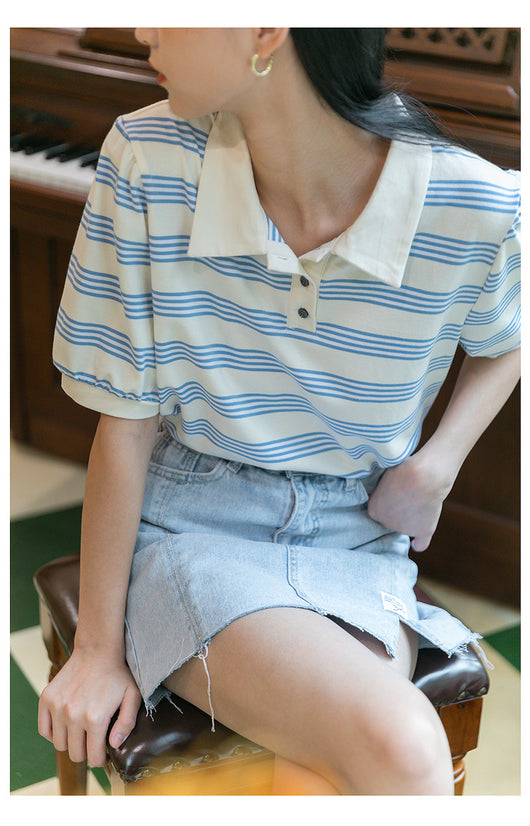 Camiseta Holgada de Algodón a Rayas con Cuello Solapa Estilo Coreano - Image 15