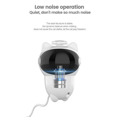 White cat-shaped intelligent laser toy with a black visor and a colorful feather wand attachment for pets. - Image 20