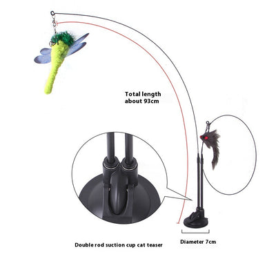 Cat sucker teaser toy with a blue butterfly, gray mouse, and light blue feathers on a black suction cup base. - Image 16
