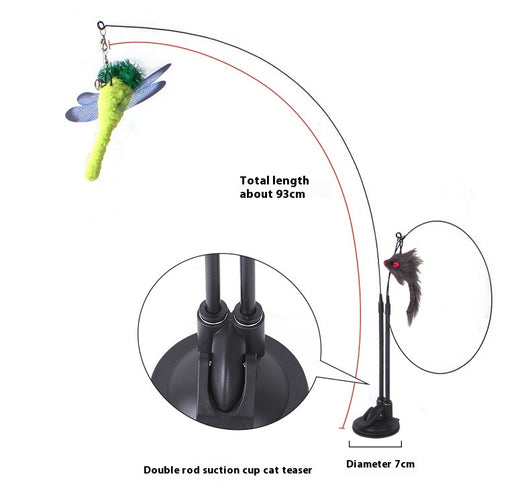 Cat sucker teaser toy with a blue butterfly, gray mouse, and light blue feathers on a black suction cup base. - Image 16