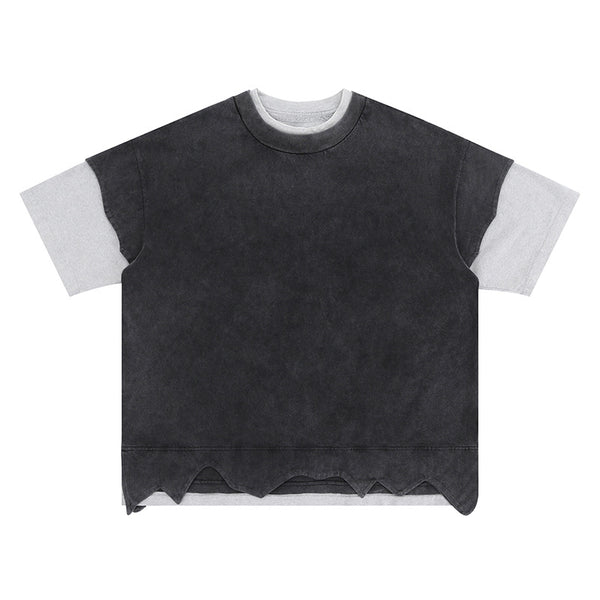 Camiseta Retro Patchwork Desgastada de Doble Capa a Juego de Colores - Image 6