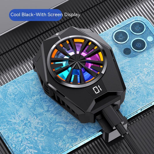 Black mobile phone cooling fan with colorful LED lights attached to the back of a silver smartphone. - Image 2