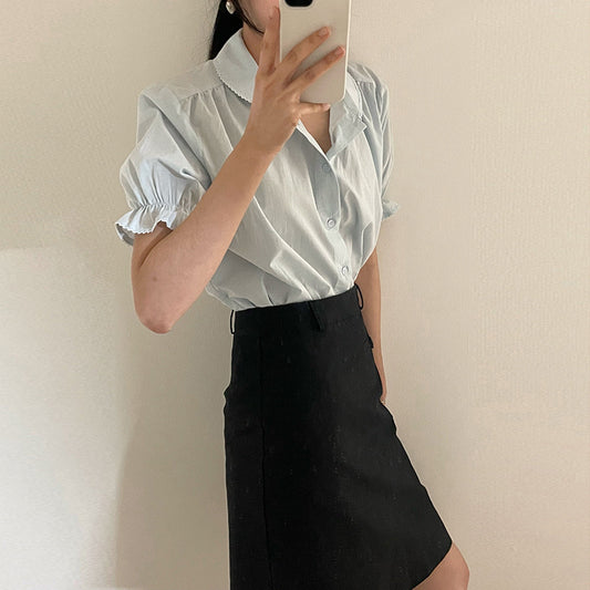 Blusa Retro con Cuello de Muñeca - Manga Corta Estilo Vintage - Image 2