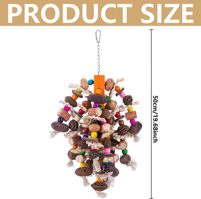 Colorful wooden bird toy with natural pods and beads, hanging in a cage for large and medium parrots. - Image 4
