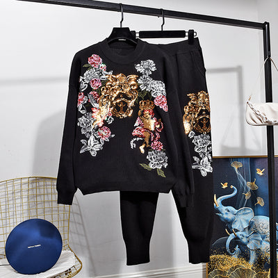 Conjunto de Dos Piezas: Suéter Tejido Holgado con Bordado de Lentejuelas - Image 2