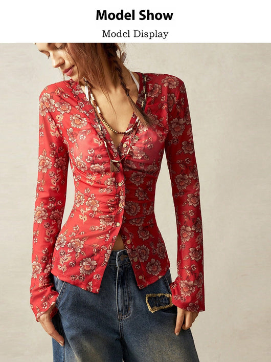 Blusa Estampada Slim Fit Retro para Mujer - Diseño Europeo Elegante - Image 10