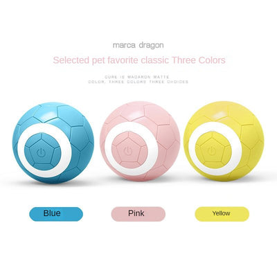 Yellow electric pet toy ball with a soccer ball pattern and a white ring around a central power button. - Image 15