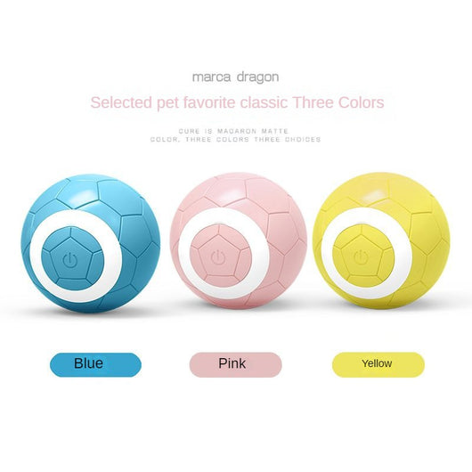 Yellow electric pet toy ball with a soccer ball pattern and a white ring around a central power button. - Image 15