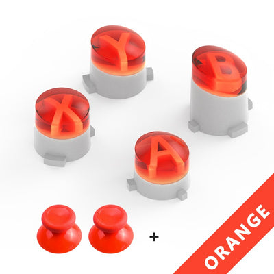 Orange ABXY bullet button replacements and two matching mushroom head thumbstick caps for Xbox One gamepad. - Image 6