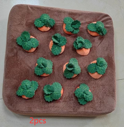 Brown plush snuffle mat with ten orange carrot-shaped toys, each with green leafy tops, for pet foraging and play. - Image 12