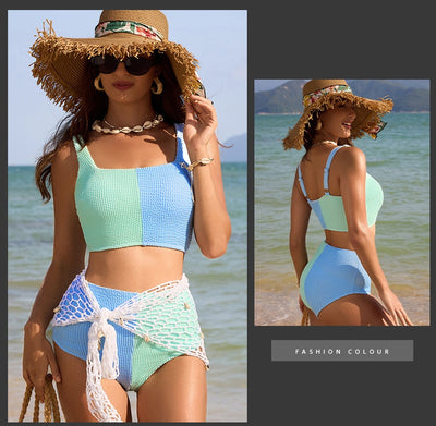 Women's black and white color block swimsuit set with a square neck crop top and high-waisted bottoms. - Image 8