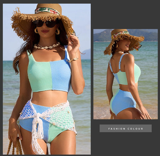 Women's black and white color block swimsuit set with a square neck crop top and high-waisted bottoms. - Image 8