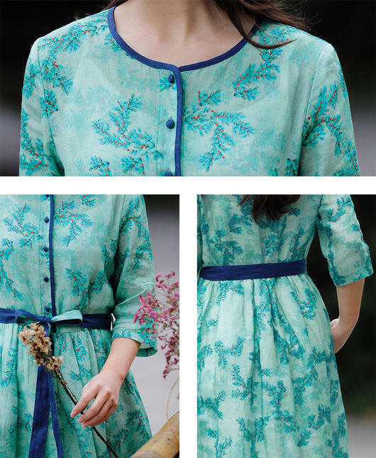 Vestido de Lino y Algodón Floral Estilo Verano con Cinturón Contraste - Image 3
