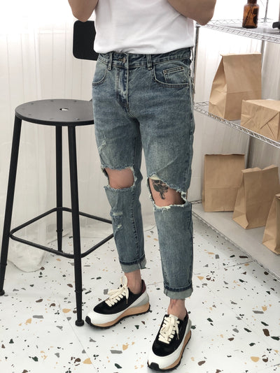 Pantalones Cortos Denim Rotos Estilo Coreano para Hombre - Image 3